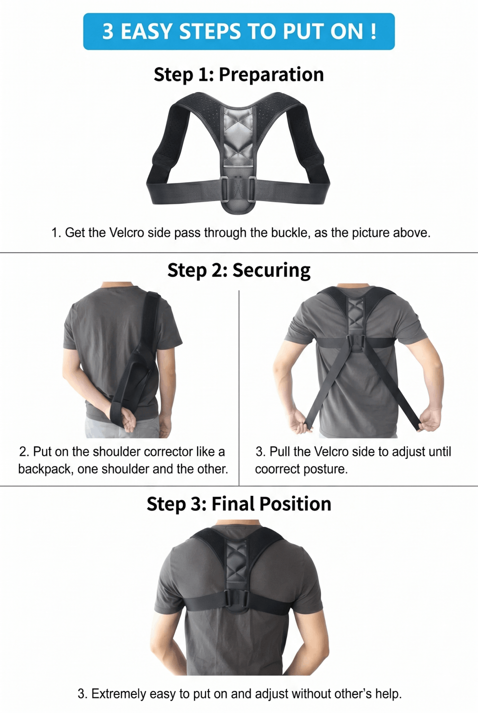 Step-by-step instructional guide showing how to wear and adjust the TrueFit Posture Corrector for a snug and effective fit